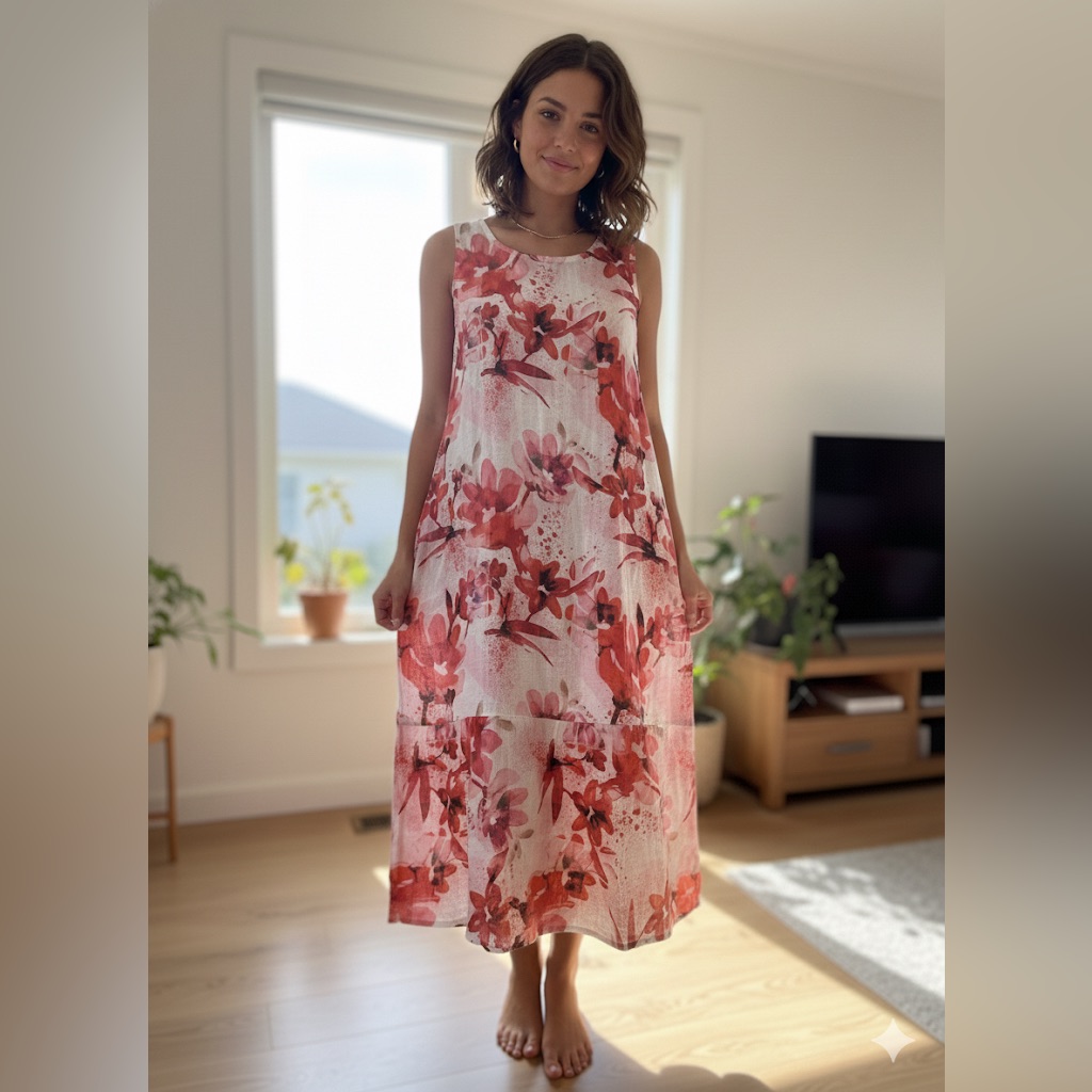 Nwt Allegra Masetti Italian Linen Floral Midi Dress Size Large Cream Red Floral